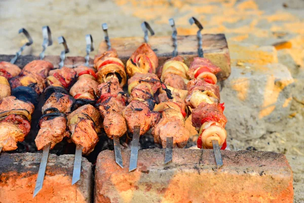 Fried Juicy Meat Fried Skewers Fire Brazier Bricks Charcoal Flame — 图库照片