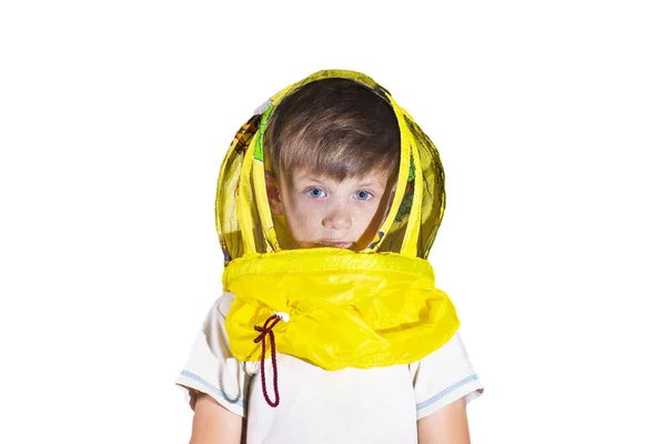 Chłopiec Maskę Żółte Pszczoły Białym Tle — Zdjęcie stockowe