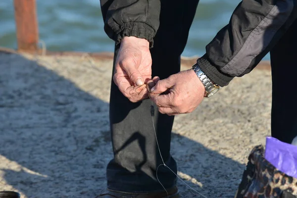 Hombre Está Colgando Gusano Gancho Para Pesca Una Caña Pescar — Foto de Stock