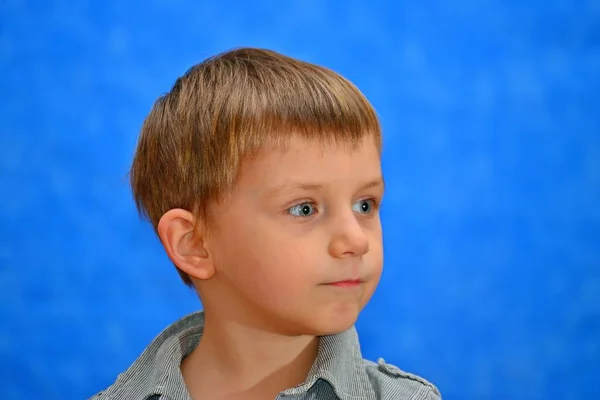Chłopiec Studio Prezentem Niebieskim Tle — Zdjęcie stockowe