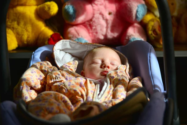 Yeni doğmuş bir bebek yatıyor ve bir bebek arabası çocuk yumuşak oyuncaklar arka planı içinde uyur