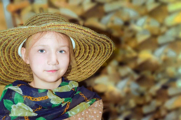 Retrato de uma menina em um chapéu de palha no fundo de madeira picada e logs . — Fotografia de Stock