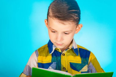 Ekose gömlekli bir çocuk mavi bir arka plan üzerine kitap okuyor.