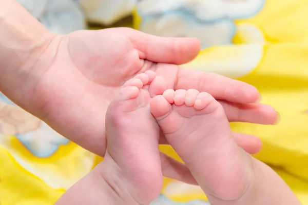 Mutter hält die Füße ihres Neugeborenen in den Händen. — Stockfoto