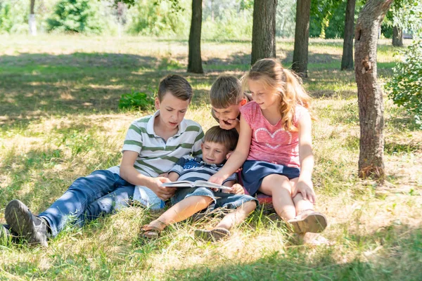 As crianças aprendem na natureza, quatro crianças lêem um livro no parque ao ar livre. Alunos estão se preparando para a escola . — Fotografia de Stock