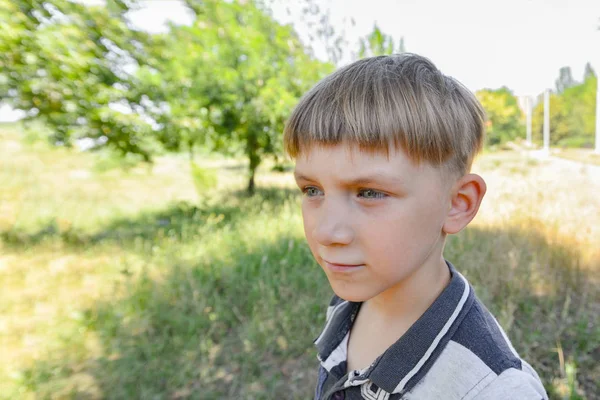 Portrait of a boy in nature on a wide-angle lens, pensive and serious child close-up. — Stock Photo, Image