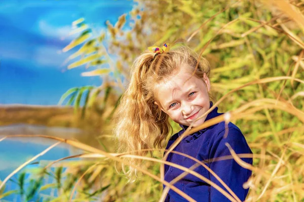Una hermosa, hermosa y joven en un suéter azul sonríe en las cañas de la orilla del río, su cabello retroiluminado por la luz del sol . — Foto de Stock