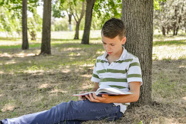 Chlapec s učebnicovou knihou pod stromem připravuje školní přiřazení a vyučuje v přírodě v parku. — Stock fotografie