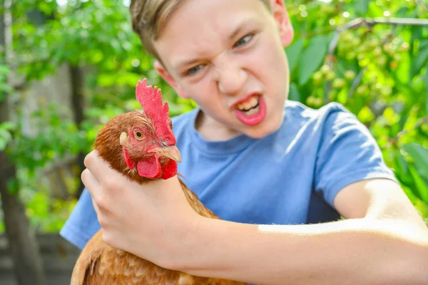 Il ragazzo tiene in mano un pollo e cerca di torcerle la testa. Il concetto di rabbia e odio dell'uomo per il mondo animale e la natura . — Foto Stock