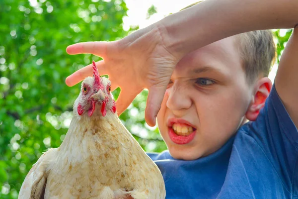 Il ragazzo tiene in mano un pollo e cerca di torcerle la testa. Il concetto di rabbia e odio dell'uomo per il mondo animale e la natura . — Foto Stock