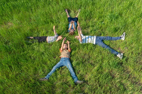 A fűben, boldog és örömteli testvéreken fekvő gyermekek, felülnézet — Stock Fotó
