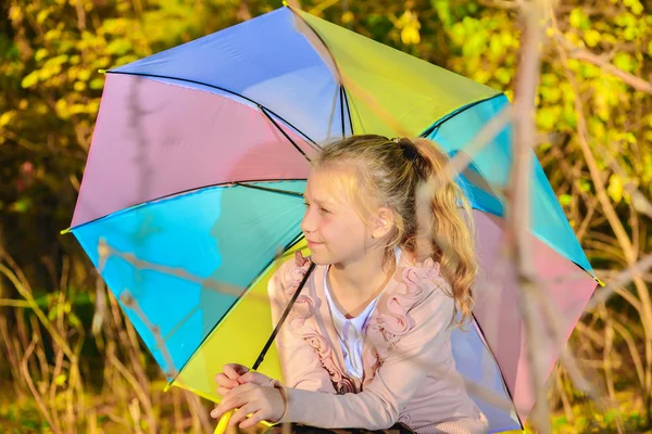 Beautiful and cute girl with a color umbrella in the fall in the park, portrait of a girl under the autumn evening sun.