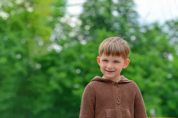 Retrato de um menino em uma camisola marrom na natureza . — Fotografia de Stock