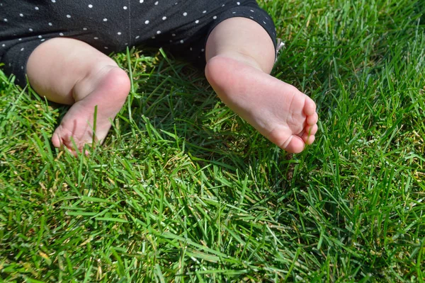 Little child on the grass, baby feet on the green grass in the park. — Stock Photo, Image