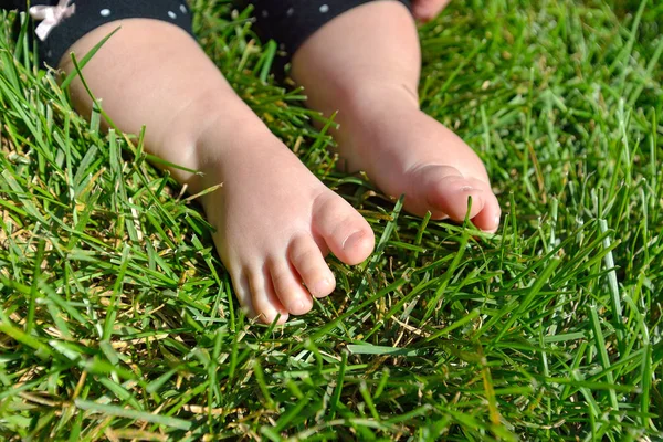 Маленький ребенок на траве, маленькие ноги на зеленой траве в парке . — стоковое фото