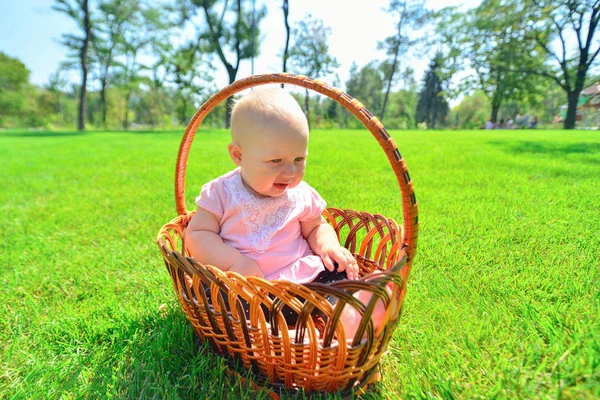 Petit enfant dans un panier en osier, joyeuse et heureuse petite fille dans le parc . — Photo