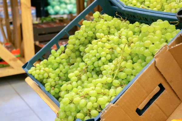 Geurende en sappige druiven op de toonbank en in een houten container in de winkel. — Stockfoto