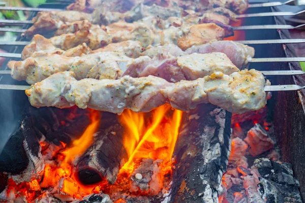 火の上にシシケバブ、グリルの串に焼き肉. — ストック写真