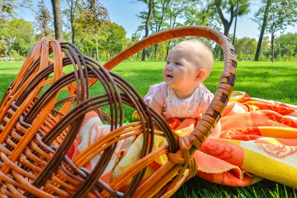 Kleines Kind in einem Park auf grünem Gras auf einem Einstreu in einem Strohkorb. — Stockfoto