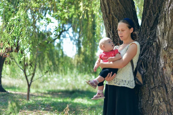 Una donna con un bambino piccolo è in piedi in una foresta vicino a un grande albero . — Foto Stock