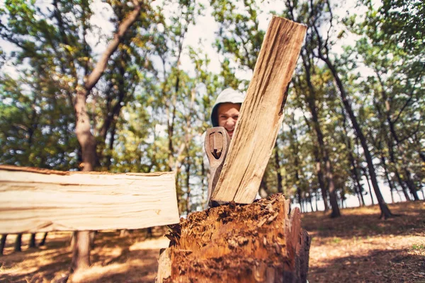 Un niño cortado madera con un hacha en un bosque en un tocón, gran angular HDR foto . —  Fotos de Stock