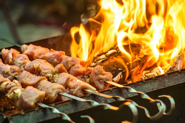 Το κρέας έχει καεί πάνω από ένα τζάκι, ένα Σαββατοκύριακο μπάρμπεκιου. Φλόγα σε εξωτερικούς χώρους. — Φωτογραφία Αρχείου