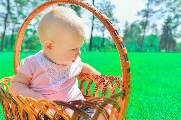 Маленькое дитя в плетеной корзине, радостная и счастливая маленькая девочка в — стоковое фото