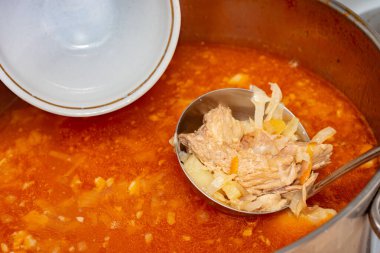 Ev sahibi kırmızı borsch 'u lahana ve yağlı, çorba kepçesinde et ve boş bir tabakla doldurur..