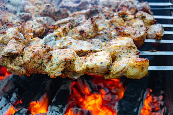 Σις κεμπάπ στη φωτιά, ωμό κρέας κρεμασμένο σε σουβλάκια τηγανίζεται σε ανοιχτή φωτιά.. — Φωτογραφία Αρχείου