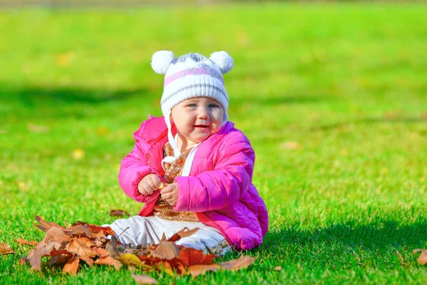 Маленькая девочка в розовой куртке сидит на зеленой траве в парке . — стоковое фото