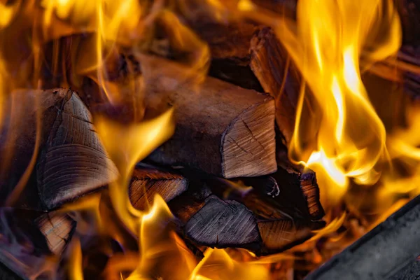 Uma árvore arde em um fogo, close-up queimando logs para o calor . — Fotografia de Stock