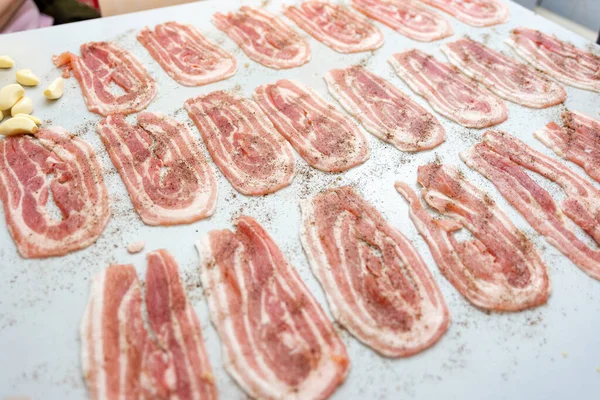 Thinly Sliced Bacon Garlic Spices Table Cooking Junk Fatty Foods — Stock Photo, Image