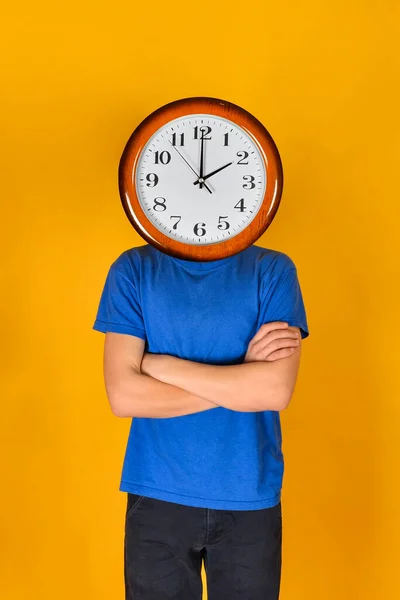 Boy Blue Clothes Hours Instead Head Concept Human Power Time — Stock Photo, Image