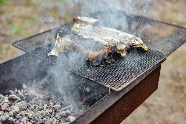 火の上にグリルで箔で魚を焼きます ピクニック料理 自然の中でグリルの木から火と熱 — ストック写真