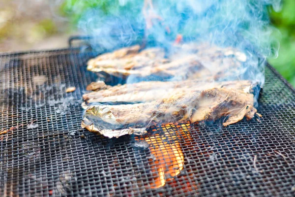 Pesce Forno Lamina Metallo Trova Una Griglia Sul Fuoco Barbecue — Foto Stock