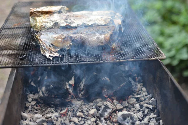 Baked fish in foil on a barbecue, smoked in smoke, cooking hot smoked fish. — Stock Image Baked Fish Foil Barbecue Smoked Smoke Cooking Hot Smoked Fish Stock Photo