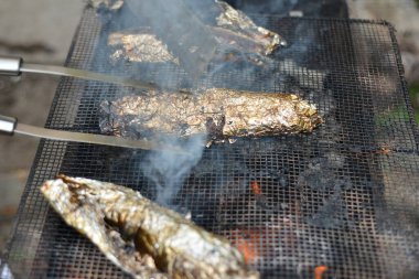 Ateşte ızgarada pişmiş balık, piknik yemeği. Doğadaki ızgarada odun ateşinden ve ısısından..