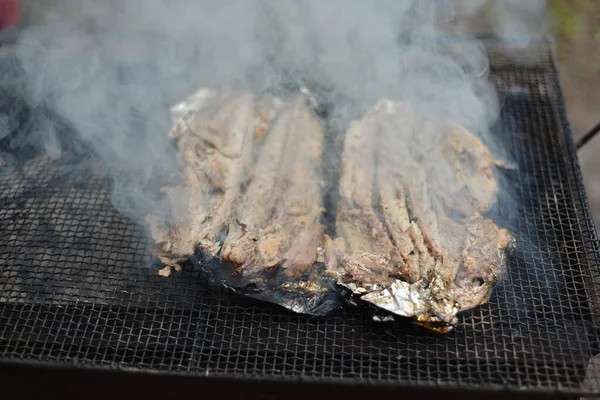Gebackener Fisch Folie Auf Dem Grill Über Dem Feuer Picknick — Stockfoto