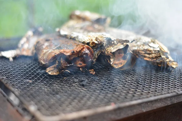 Baked fish in foil on a grill over a fire, picnic cooking. Fire and heat from wood in the grill in nature. — Stock Image Baked Fish Foil Grill Fire Picnic Cooking Fire Heat Wood Stock Image