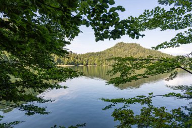 Huzurlu bir göl, canlı yeşil yapraklarla çevrelenmiş tepeleri yansıtır. Sahne doğanın özünü yakalıyor güneşli bir günde güzellik, rahatlamayı ve keşifleri davet ediyor..