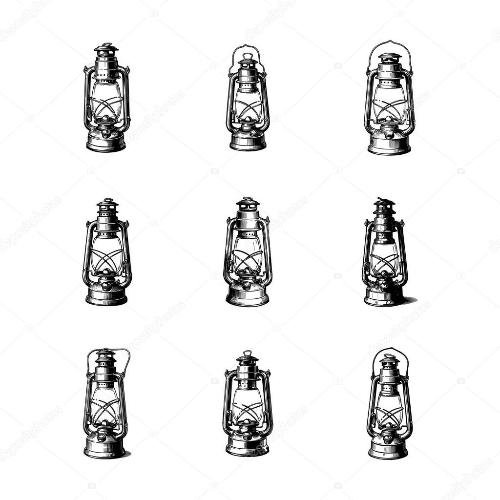 Vintage Kerosene Lantern (Hurricane Lamp) - Hand-Drawn Engraving Set