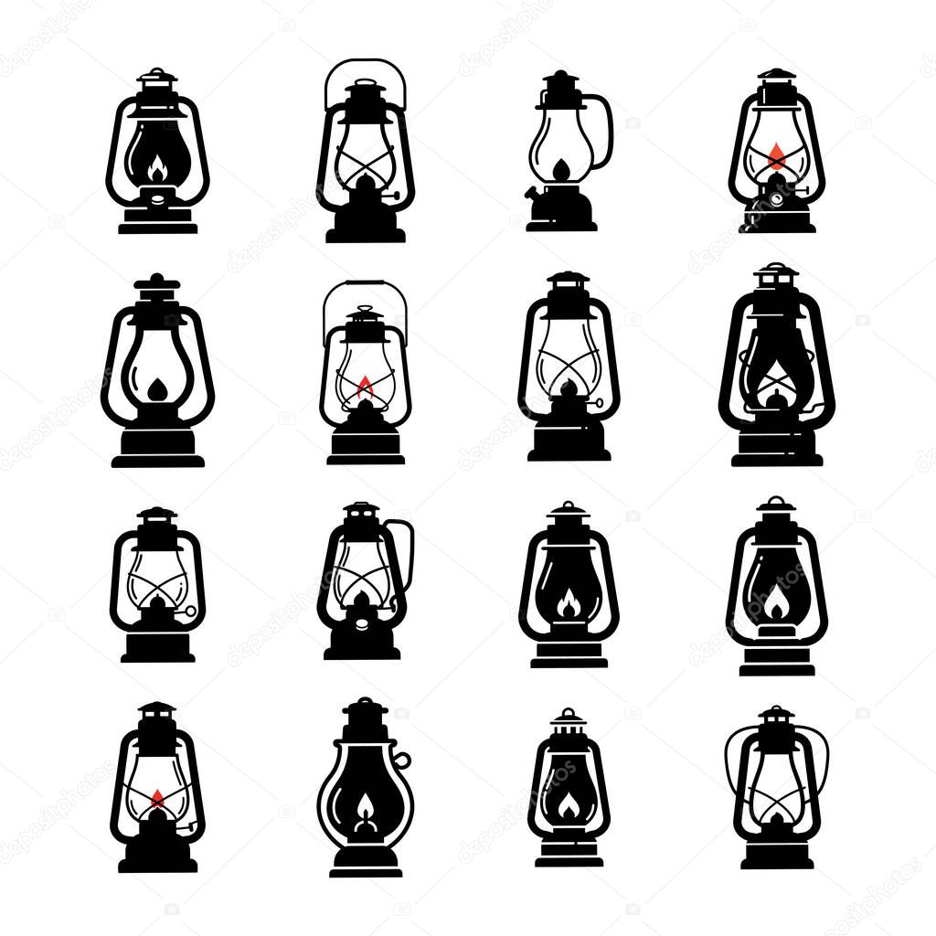 Vintage Kerosene Lantern - Hurricane Lamp Silhouette & Icon Set