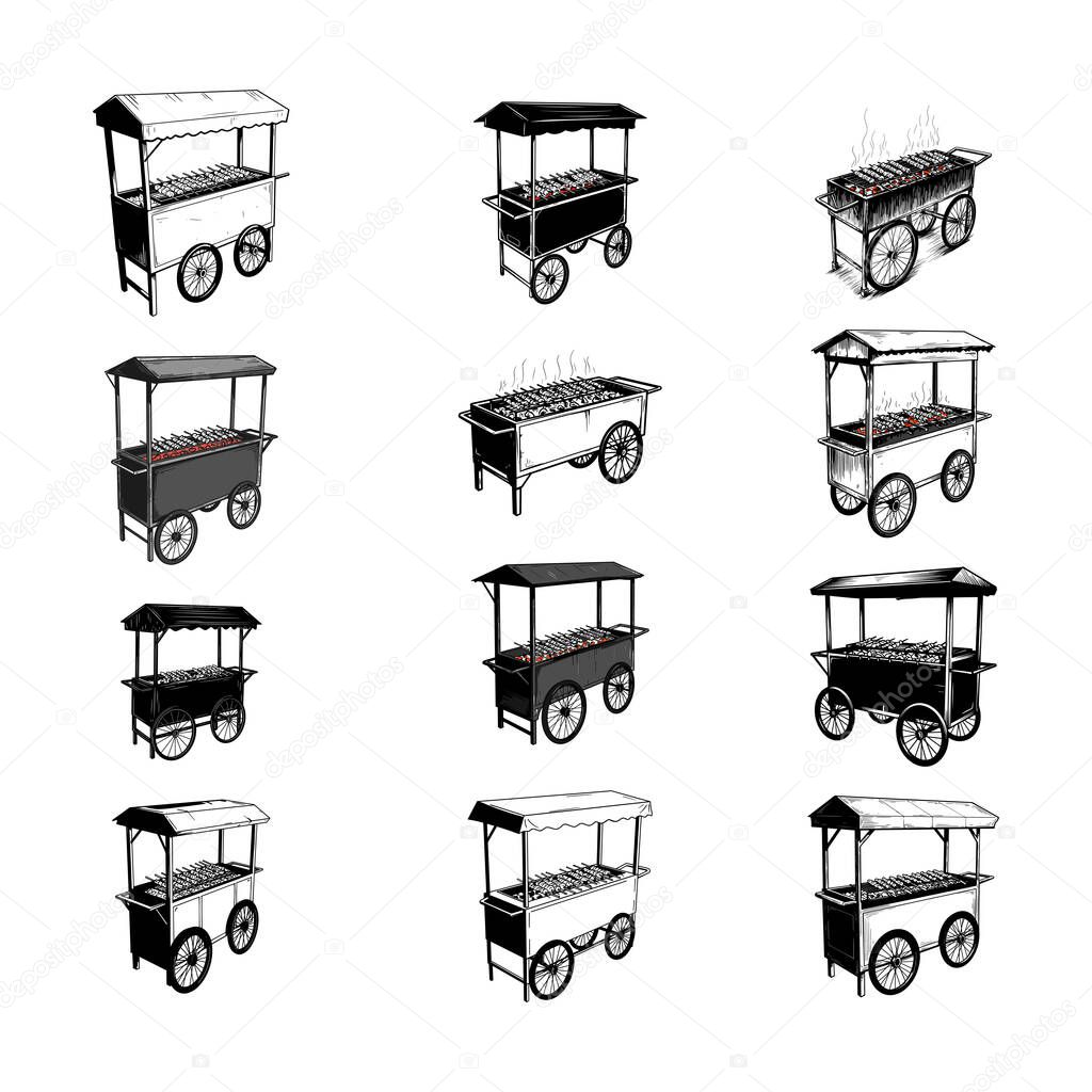 Street Food Grill Cart - Barbecue & Kebab Vendor Illustration Set