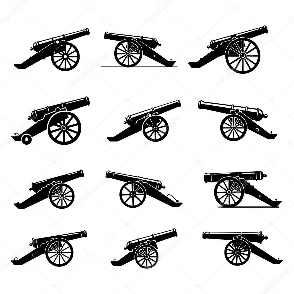 Antique Cannon - Historical Military Artillery Icon & Silhouette Set