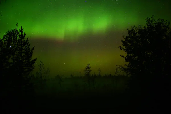밤에 안개가 몰려오는데 북극광이 떠 있다 — 스톡 사진