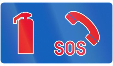 Road sign in Finland - Emergency telephone and fire extinguisher.