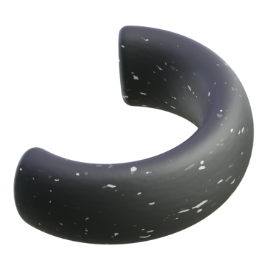 Koyu, benekli 3D kıvrımlı hilal şekli; markalaşma, teknolojik UI veya gelecekteki görseller için uygun soyut tasarım elementi.