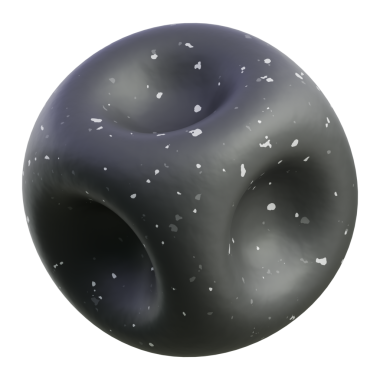 Krater benzeri çöküntüleri olan parlak, benekli siyah bir küre, markalaşma veya UI tasarımı için uygun bir uzay / teknoloji simgesi.