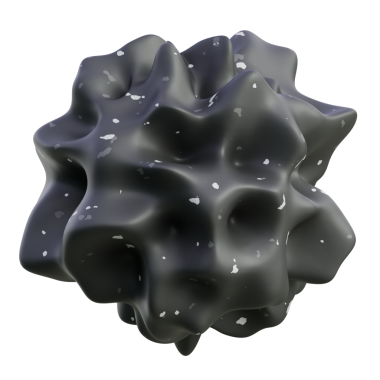 Düzensiz yüzeyi olan 3D soyut siyah leke heykeli; teknolojik markalaşma ve geleceksel tasarım için uygun.