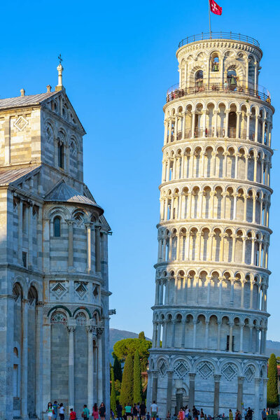 Sunlight hit on the top of the Leaning Tower and Pisa Cathedral